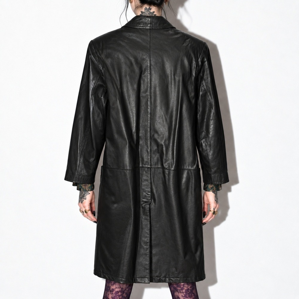 G III Leather Coat Womens M Black Double Breasted Long Vintage 90s Button Front - Picture 3 of 9